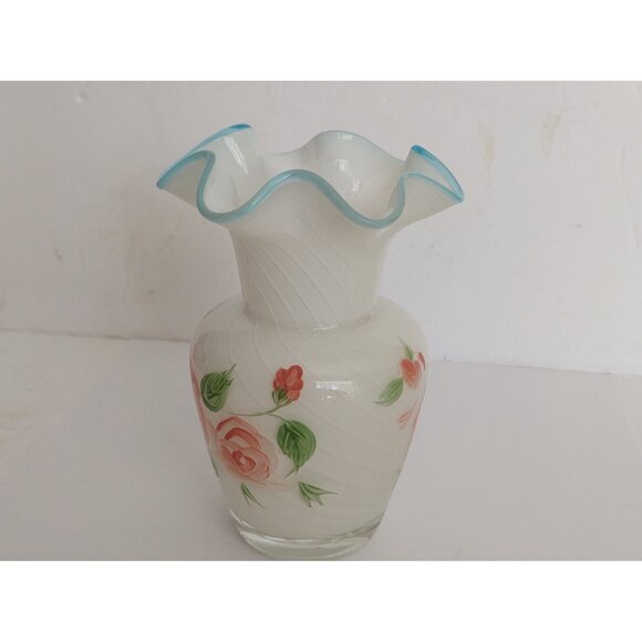 Fenton Designed Teleflora White Opalescent Vase Blue Crest Ruffled Hand Painted - Picture 9 of 11